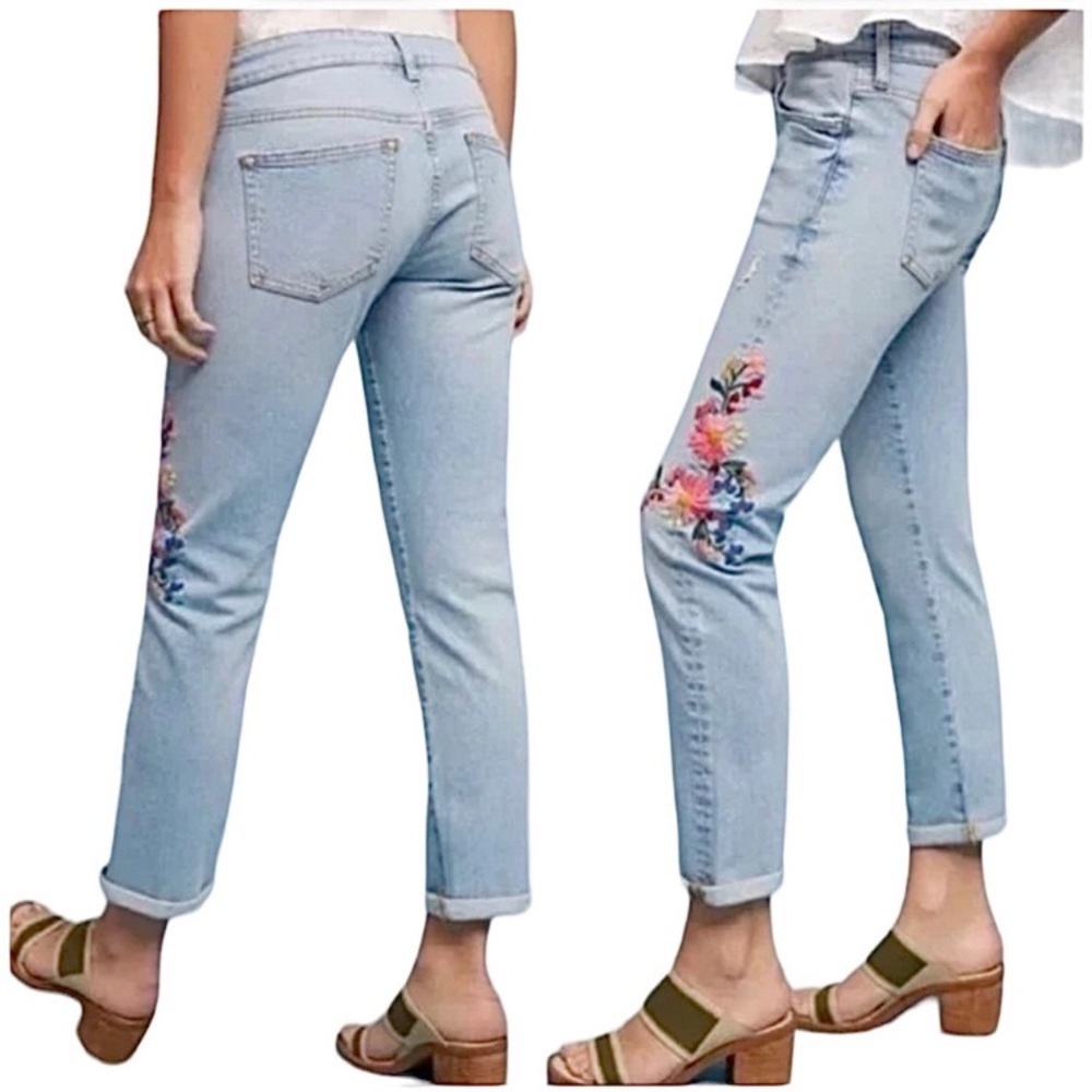 Pilcro and the Letterpress Light Wash Floral Embroidered Boyfriend Jeans